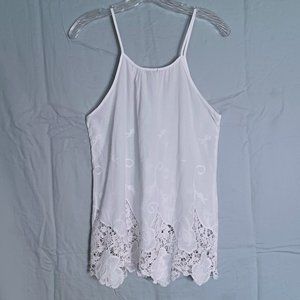 White cotton lace & embroidery sleeveless halter top